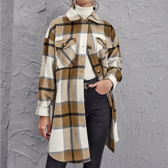 Plaid Shacket - Neutral Tones, Size small. - Picture 1 of 6